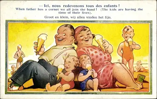 Ak Familie am Strand, Kinder und Eltern essen Eis, Ici, nous redevenons tous des enfants...