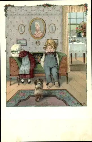 Künstler Ak Ebner, Pauli, Weinendes Mädchen und Junge auf einem Sofa, Hund