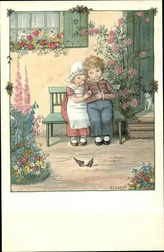 Künstler Ak Ebner, Pauli, Junge undd Mädchen auf einer Bank im Garten