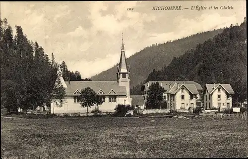 Ak Kichompré Gérardmer Lothringen Vosges, L'Eglise et les Chalets