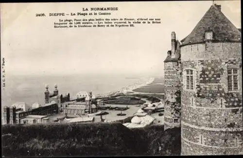 Ak Dieppe Seine Maritime, La Plage et le Casino, Strand, Küste, runder Turm