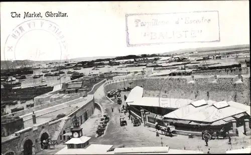 Ak Gibraltar, Market, bird's eye view, harbour, Markt, Schiffe, Hafen