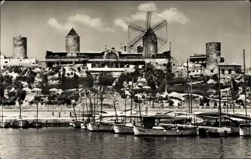 Ak Palma de Mallorca Balearische Inseln, Hafen, Boote, Molin de Jonquet, Windmühle