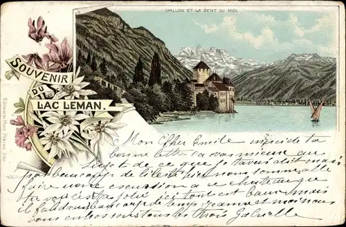 Litho Chillon Lac Léman Kt. Waadt Schweiz, La Dent du Midi, Boote