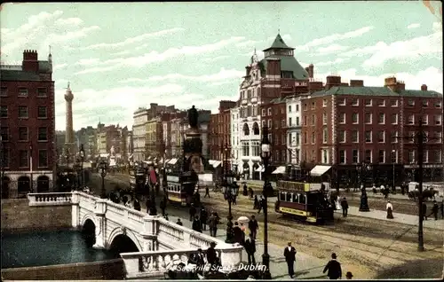 Ak Dublin Irland, Sackville Street, Brücke, Straßenbahnen