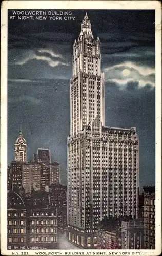 Ak New York City USA, Woolworth Building at Night, full moon