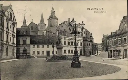 Ak Meerane in Sachsen, Bismarckplatz mit Denkmal, Zum Gambrinus, Kirchturm