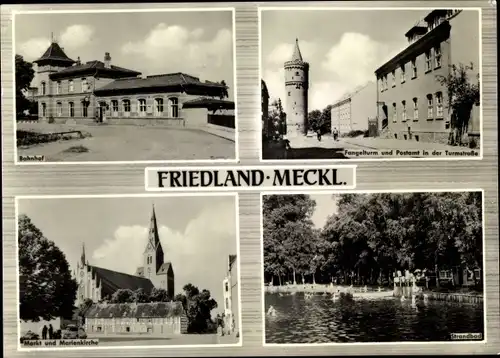 Ak Friedland in Mecklenburg, Bahnhof, Fangelturm und Post in der Turmstraße, Markt, Strandbad