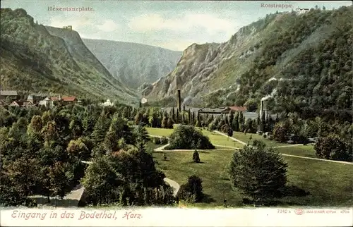 Ak Thale im Harz, Eingang in das Bodetal, Hexentanzplatz, Rosstrappe