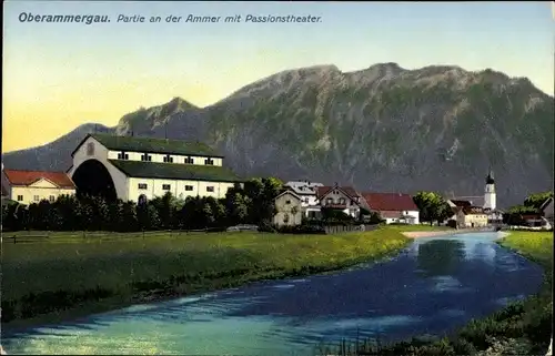 Ak Oberammergau, Partie an der Ammer, Passionstheater