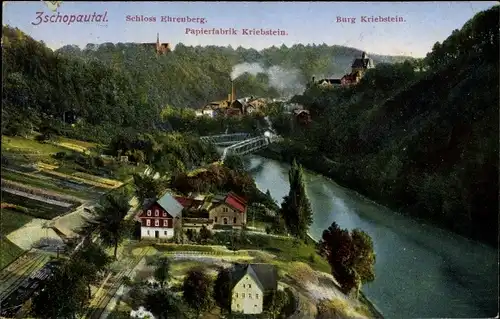 Ak Kriebstein Mittelsachsen, Schloss Ehrenberg, Papierfabrik, Burg, Flusspartie, Zschopautal