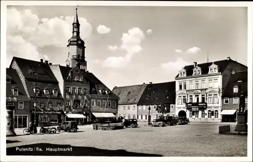 Ak Pulsnitz in Sachsen, Hauptmarkt, Fleischerei Hellmuth Hantzsch, Restaurant Grauer Wolf