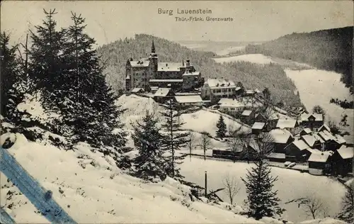 Ak Lauenstein Ludwigsstadt in Oberfranken, Burg Lauenstein im Winter, Schnee, Grenzwarte