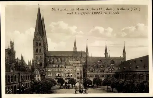 Ak Hansestadt Lübeck, Marktplatz, Marienkirche, Rathaus, Hauptpost