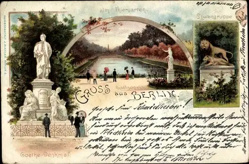 Litho Berlin Tiergarten, Löwengruppe, Goethe-Denkmal, Goldfischteich