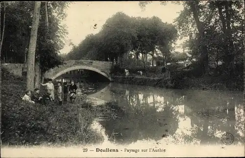 Ak Doullens Somme, Paysage sur l'Authie, Fluss, Brücke, Kinder am Flussufer
