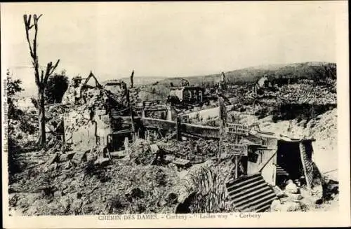 Ak Corbeny Aisne, Chemin de Dames, zerstörte Stadt