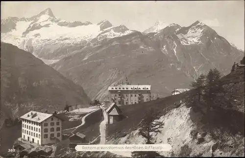 Ak Zermatt Kanton Wallis, Rothorn et Weisshorn vus des Hotels Riffelalp