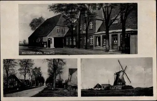 Ak Mönkebüll Langenhorn in Nordfriesland, Gemischtwarenhahndlung, Windmühle, Straßenpartie