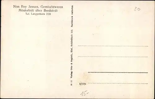 Ak Mönkebüll Langenhorn in Nordfriesland, Gemischtwarenhahndlung, Windmühle, Straßenpartie