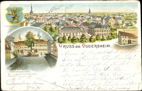 Litho Oggersheim Ludwigshafen am Rhein, Marktplatz, Kriegerdenkmal, Schillerdenkmal, Stadtwappen