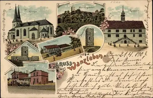 Litho Wanzleben Börde in Sachsen Anhalt, Rathaus, Kirche, Schützenhaus, Bahnhof, Gleisseite