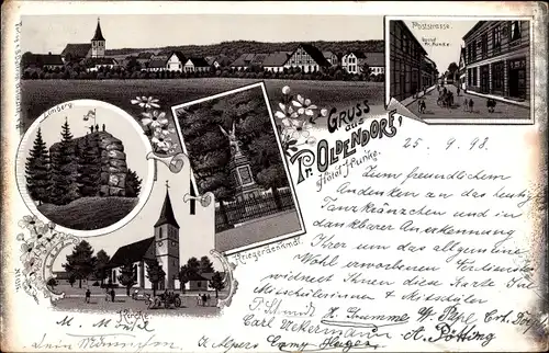 Litho Preußisch Oldendorf in Westfalen, Poststraße, Kriegerdenkmal, Kirche, Hotel Funke