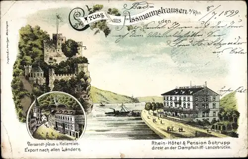 Litho Assmannshausen Rüdesheim am Rhein, Rhein Hotel Schrupp, Versandhaus und Kellereien