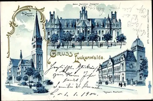 Litho Luckenwalde in Brandenburg, St. Jakobi Kirche, Gebr. Heinrich Hospital, Postamt