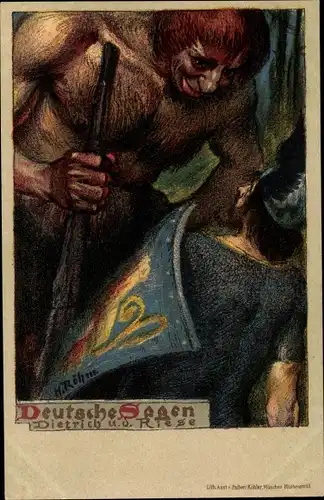 Künstler Litho Röhm, H., Deutsche Sagen, Dietrich und der Riese