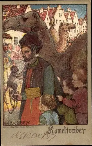 Künstler Litho Weber, H. J., Kameltreiber mit Affe