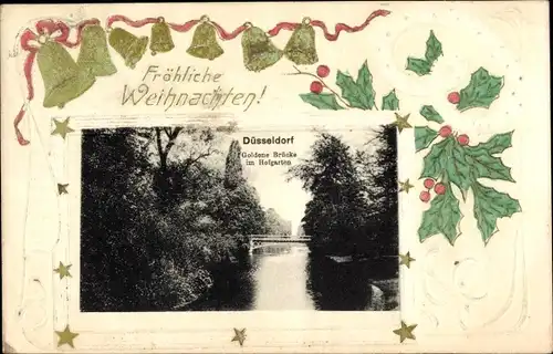 Passepartout Ak Düsseldorf, Hofgarten, Goldene Brücke, Frohe Weihnachten, Glocken, Stechpalmen