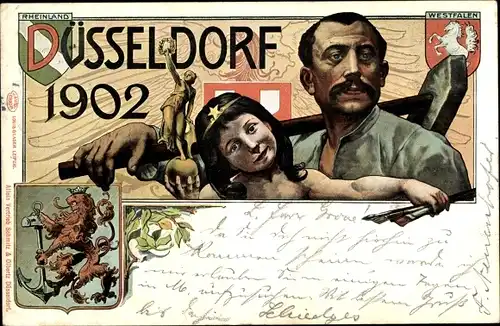Wappen Litho Düsseldorf am Rhein, Industrie und Gewerbeausstellung 1902, Arbeiter und Kind