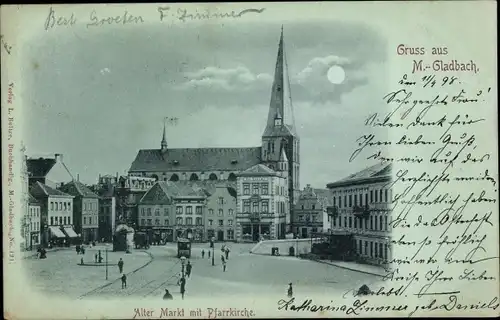 Mondschein Ak Mönchengladbach am Niederrhein, Alter Markt, Pfarrkirche