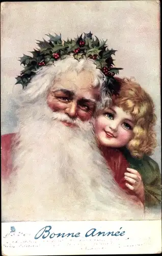 Ak Glückwunsch Neujahr, Bonne Année, Weihnachtsmann, Stechpalmenkranz, Kind