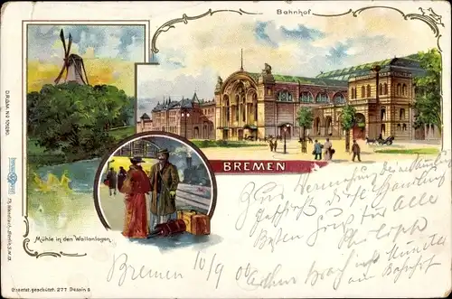 Litho Hansestadt Bremen, Bahnhof, Windmühle in den Wallanlagen
