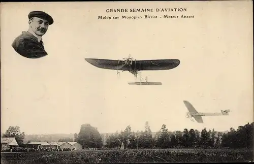 Ak Grande Semaine d'Aviation, Molon sur Monoplan Bleriot, Moteur Anzani