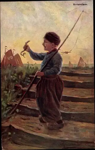 Künstler Ak Gerstenhauer, J. G., Junge in niederländischer Tracht mit Angel, Regenwurm
