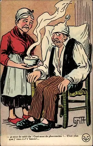 Künstler Ak Griff, Ehepaar, Kranker Mann, Traurige Frau mit Schüssel