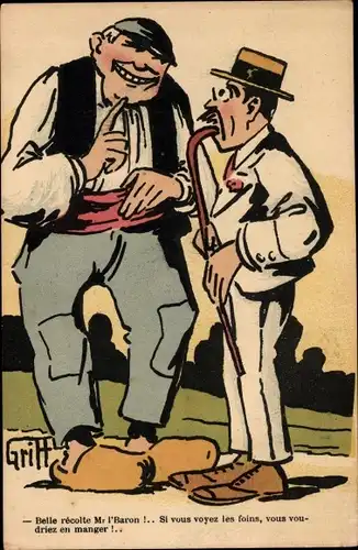 Künstler Ak Griff, Gespräch zweier Männer, Belle recolte Mr. Baron, Si vous voyez les foins...