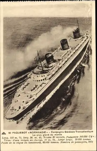 Ak Paquebot Normandie, French Line, CGT, Dampfschiff