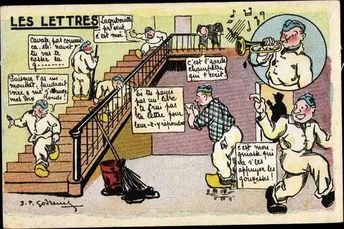 Ak Soldatenleben, Französische Soldaten, Briefe, Besen, Trompete, Les Lettres