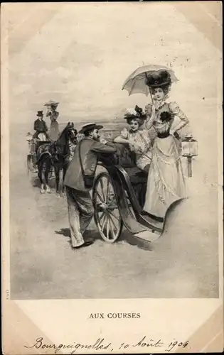 Ak Aux Courses, Auto, Pferd, Ausflug, Frau mit Sonnenschirm