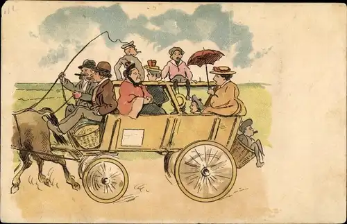 Ak Menschen mit Kutsche unterwegs, Rauchende Männer, Frau mit Sonnenschirm, Kind im Korb