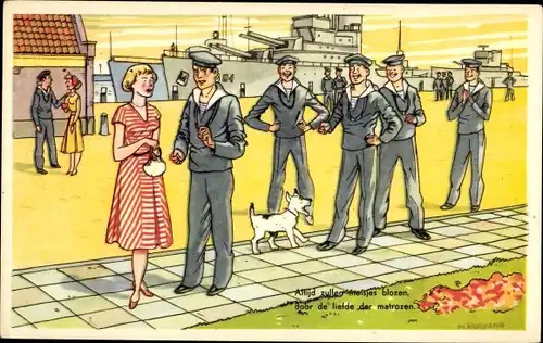 Künstler Ak Seeleute in Uniformen, Matrosen, Frau, Kriegsschiff, Hund