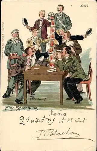 Litho Männer im Restaurant, Turm aus Biergläsern, Eine Sprengung
