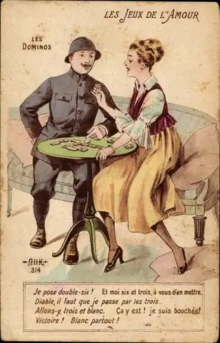 Ak Französischer Soldat mit geliebter Frau, Liebespaar, Les Jeux de l'Amour, Les Dominos