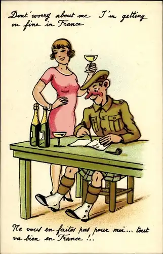 Ak Liebespaar, Frau mit Sektglas, Sektflasche, Mann am Schreibtisch, Pfeife