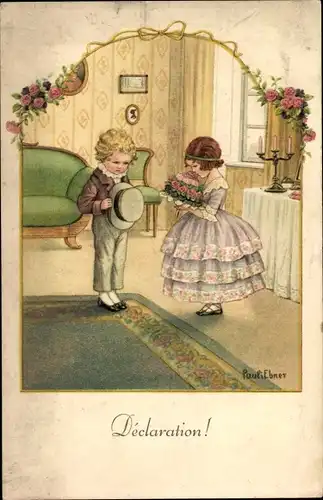 Künstler Ak Ebner, Pauli, Declaration, Junge und Mädchen mit Blumenstrauß
