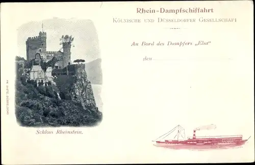 Ak Trechtingshausen am Rhein, Burg Rheinstein, Dampfer Frauenlob, Kölnisch Düss. Gesellschaft